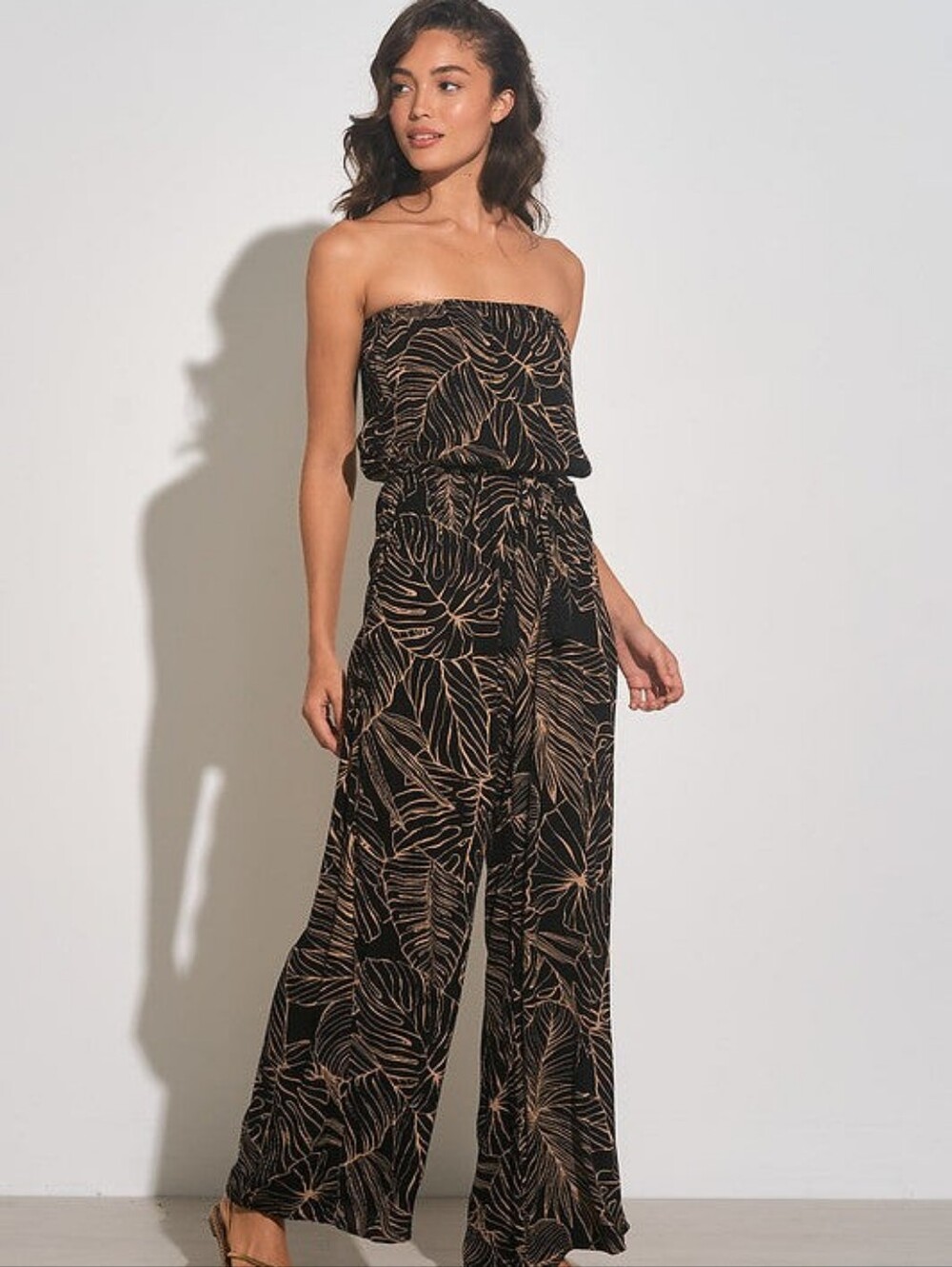Elan Black Strapless Tropical-Print Jumpsuit